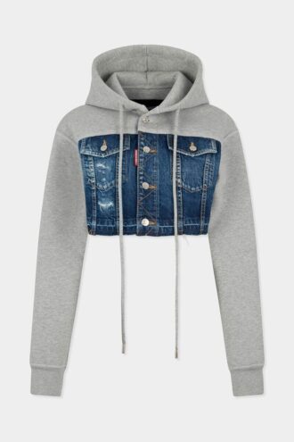 Kort hybrid-hettegenser i denim-blanding med medium slitt vask