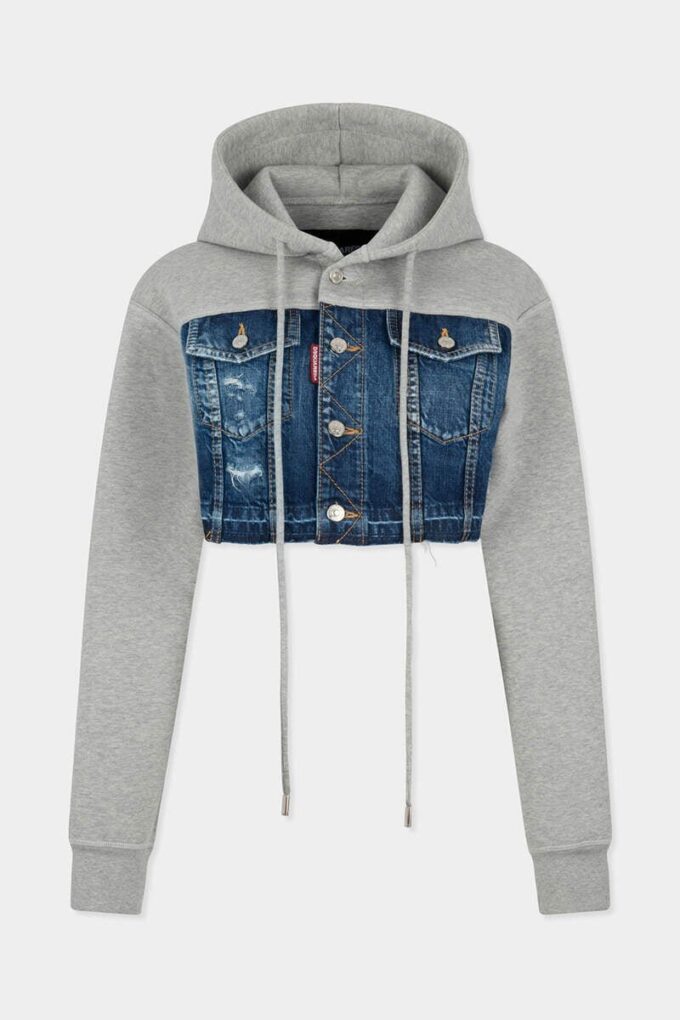 Kort hybrid-hettegenser i denim-blanding med medium slitt vask